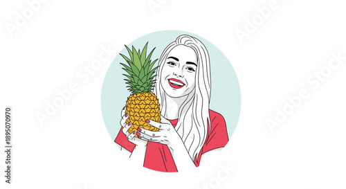 Beautiful young woman with long blonde hair smiling while holding a large ripe pineapple in front of a blue circle background.