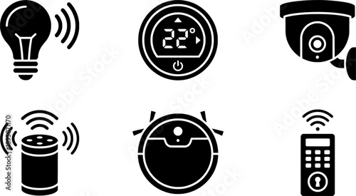 Smart Home and IoT Icon Set: Security Camera, Robot Vacuum, Thermostat, Smart Bulb, and Voice Assistant , set of vector icons