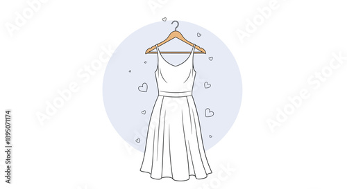 Elegant white dress hanging on a wooden hanger inside a light blue circle surrounded by small hand drawn heart symbols.