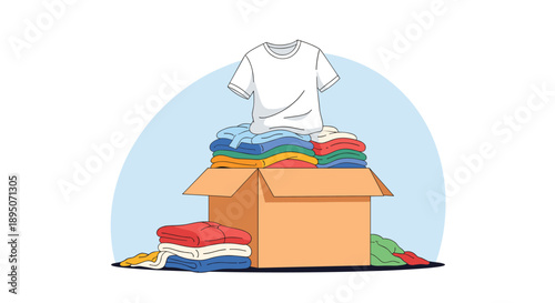 Large cardboard box overflowing with neatly folded colorful clothes and a white t-shirt on top for a charity donation.