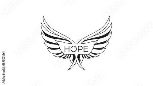 Stylized winged emblem featuring the word HOPE with a bold center in black and white.