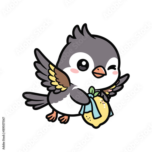 Cute cartoon penguin holding fish flying with wings isolated on white background