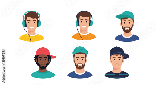Collection of six diverse male character avatars shows various young men wearing casual clothing, hats, and headphones for music listening.