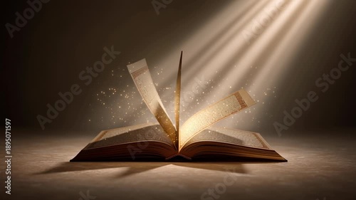 A book is open to a page with a bright light shining on it. Islamic holy scripture concept art, sacred book with gentle light rays, minimalist setting, warm neutral tones, serene spiritual mood