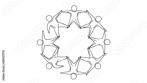 Group of diverse people holding hands in a circle, expressing unity and collective harmony.
