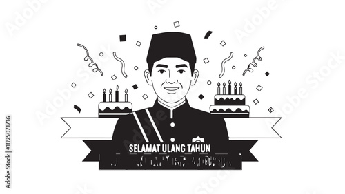 Graduation portrait illustration featuring a graduate in cap and gown with city skyline banner.