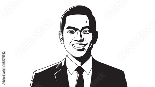 Stylized black and white illustration of a confident businessman in a suit and tie.