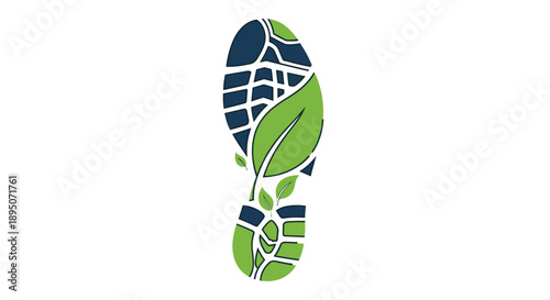 Unique footprint logo combines a dark blue shoe sole tread with vibrant green leaves to represent an eco-friendly carbon footprint.