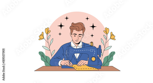 Professional male tailor focused on sewing a garment using a blue sewing machine at a creative workstation decorated with flowers and stars.