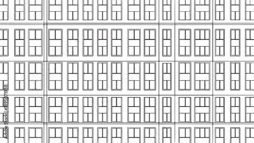 Repeating grid of windowed facade pattern on a high rise building exterior.