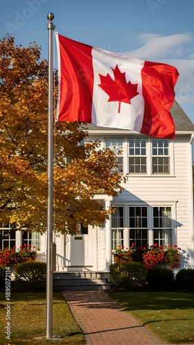 Canadian flag flying in front of a house with autumn trees and blue sky