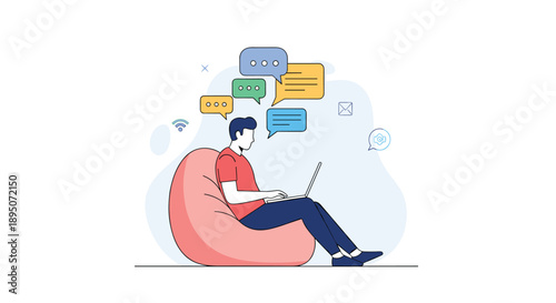 Young man relaxing on a comfortable pink bean bag while using a laptop with multiple colorful chat bubbles floating above him.