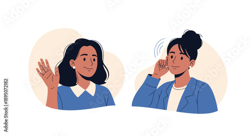 Two young women engaging in a friendly conversation with one waving hello and the other listening attentively in a simple setting.