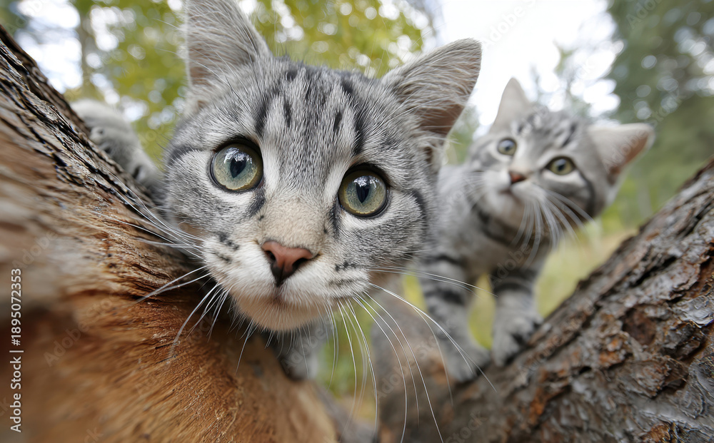 Obraz premium Two curious gray kittens explore a tree trunk, close up, playfully peering at the camera.
