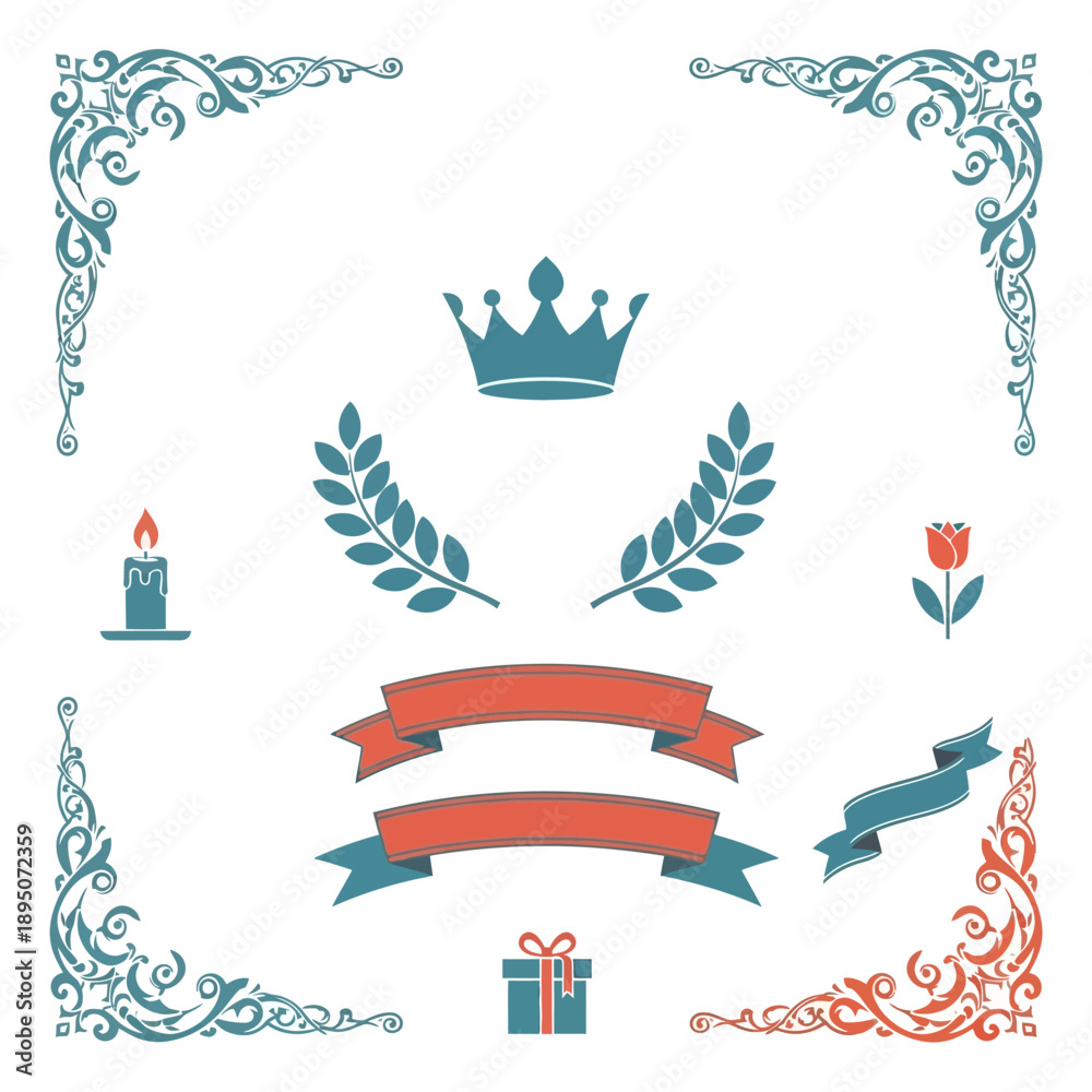 Obraz premium Decorative set with crown, laurel wreaths, ribbons, candle and gift box