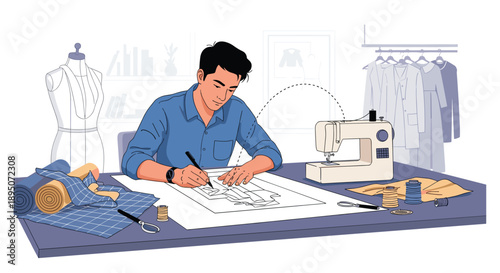 Focused male fashion designer sketching a new garment pattern at a large professional workspace with a sewing machine and fabric rolls.