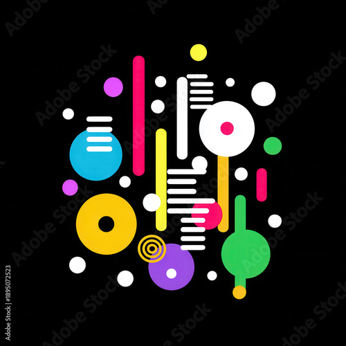Colorful geometric shapes and circles on black background abstract art for design projects