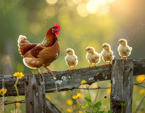 Hen and her chicks perched on a rustic wooden fence in a sunny field.
