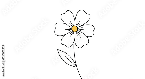 Basic outline of a daisy flower with a round yellow center on a white background for simple botanical or nature related design projects.