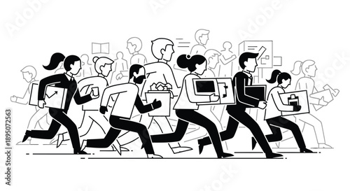 Business professionals rushing to work with laptops and briefcases in a busy office