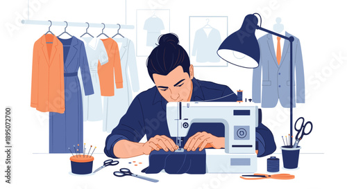 Focused professional tailor working on a sewing machine in a creative fashion studio with various garments hanging in the background.