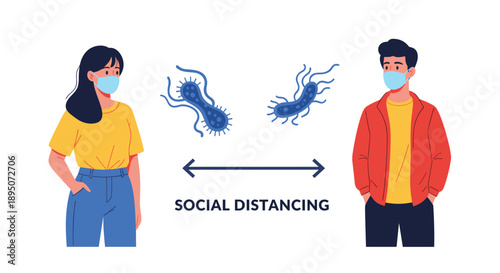 Educational illustration showing a man and a woman wearing face masks and maintaining social distance to prevent the spread of viruses.