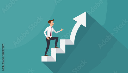 Man climbing stairs, career growth concept, upward advancement illustration