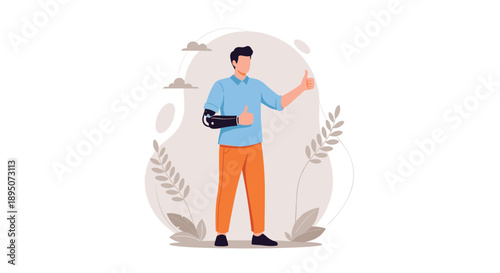 Confident man with a black prosthetic arm gives a double thumbs up gesture while standing in a peaceful outdoor landscape setting.