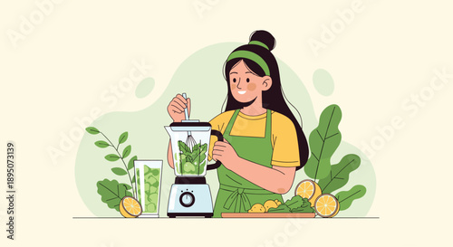 Happy young woman in an apron uses a blender to prepare a healthy green smoothie with fresh fruits and leafy vegetables in a kitchen.