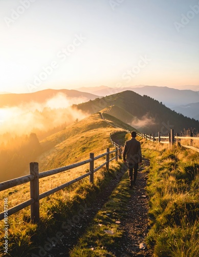 Man walking on a mountain path at sunrise with golden light and misty valleys.