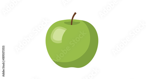 Single fresh green apple stands out against a white background with realistic shading and a small brown stem on top of the fruit.