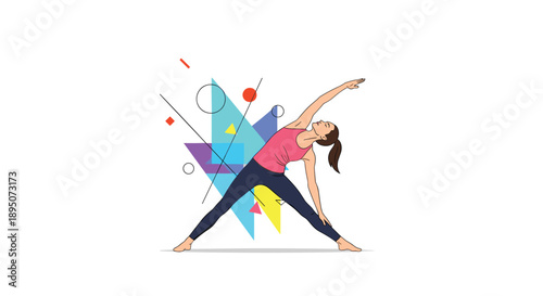Athletic woman performs a triangle yoga pose against a dynamic background of colorful geometric triangles and abstract line art shapes.