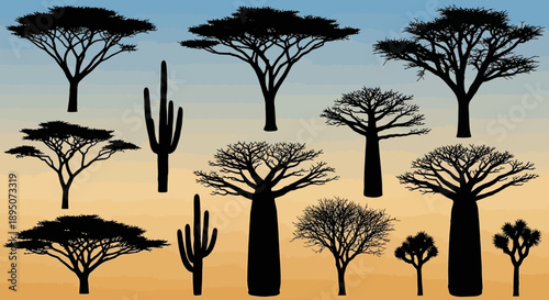 African Savannah Tree and Cactus Silhouettes Vector Set