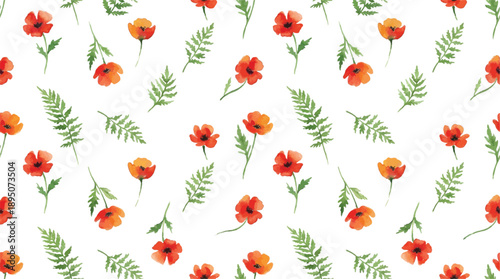 Fern leaf and poppy flower combination in pattern background