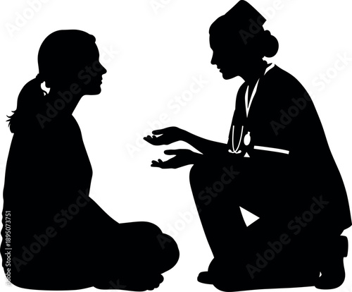 Nurse Counseling Patient Silhouette | Medical Consultation and Healthcare Support Concept | Nursing Practitioner and Female Client Graphic