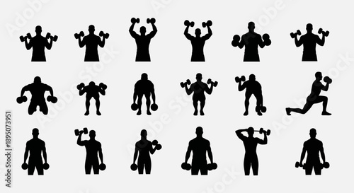 Black Silhouette Dumbbell Workout Exercise Vector Icons