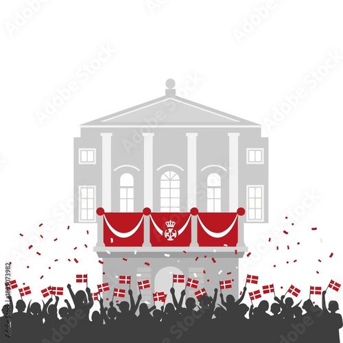 Danish royal building with flags and cheering crowd signifies national celebration