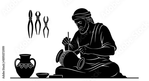 Ancient Craftsman Engraving Pottery with Tools Vector Illustration