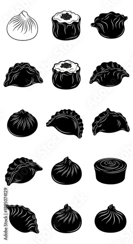 Black and White Asian Dumpling Vector Icon Set