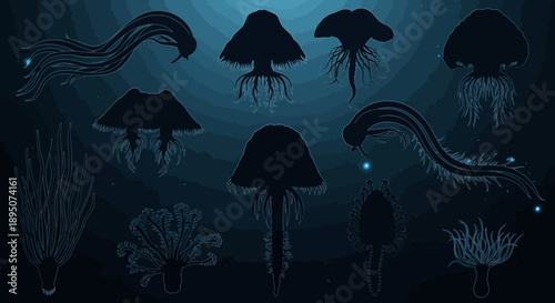 Deep Sea Bioluminescent Jellyfish and Marine Creatures Vector Illustration