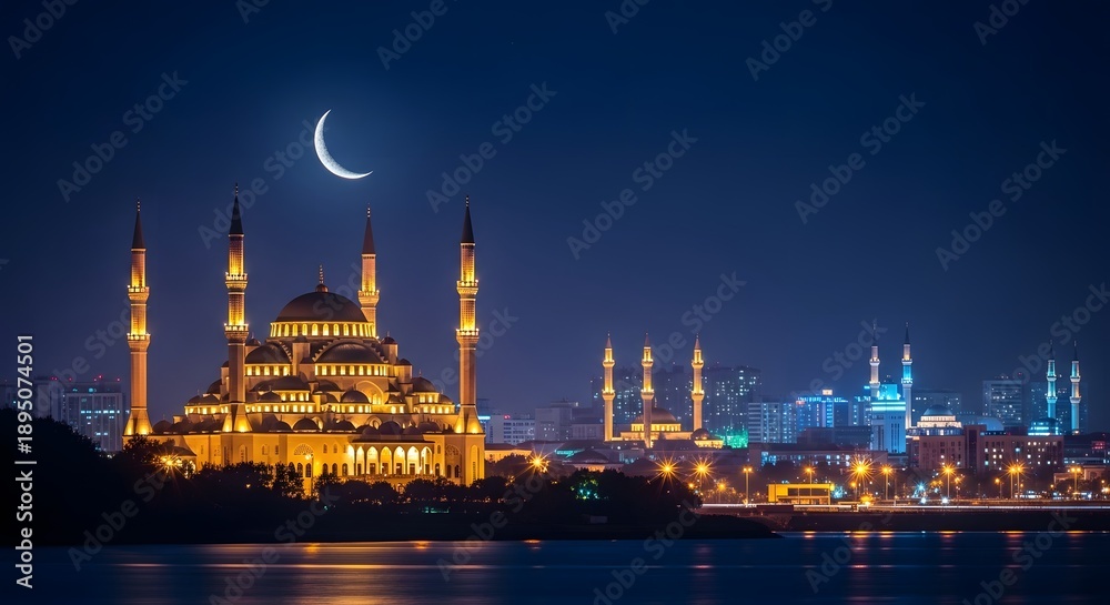 Fototapeta premium Mosque by the water under crescent moonlight