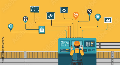 Industrial engineer monitoring and managing complex automated systems from a central control panel, visualizing data flow and smart factory operations.