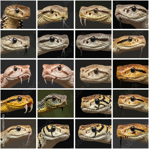 Collage of Various Venomous Snake Head Close-ups with Fangs and Tongues