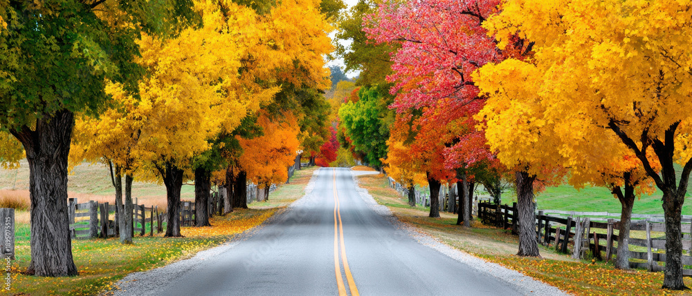 Naklejka premium Scenic Autumn Road With Colorful Trees And Wooden Fence Along The Way Perfect For Travel And Nature Photography