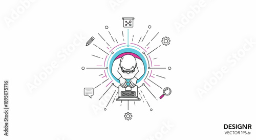 Focused professional working on a laptop, surrounded by radiating digital tools and icons, symbolizing productivity, innovation, and technological development.