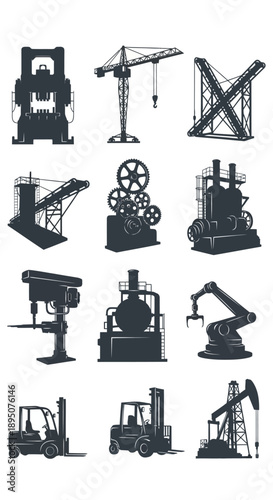 Industrial Machinery and Construction Equipment Vector Icon Set