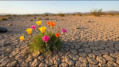 Desert flowers bloom in arid landscape under soft sunlight
