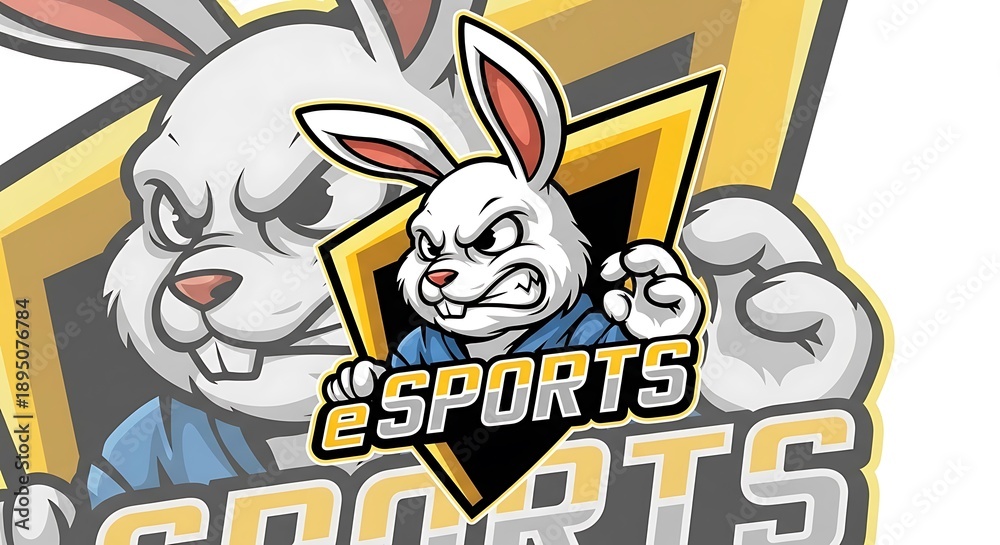 Obraz premium Fierce Cartoon Rabbit Mascot Logo – Modern eSports Bunny Emblem in Yellow & Black Aggressive White Bunny eSports Logo – Cool Cartoon Rabbit Team Mascot Vector Design