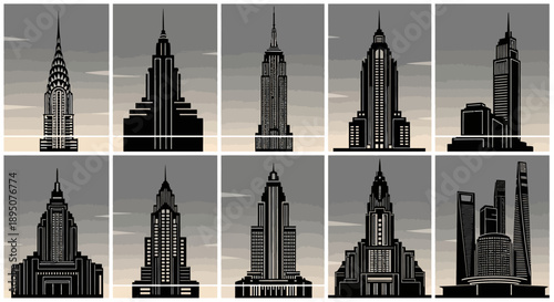 Art Deco Skyscraper Vector Collection on Grey Background