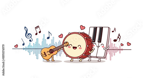 Musical instruments come to life with joyful cartoon characters playing together